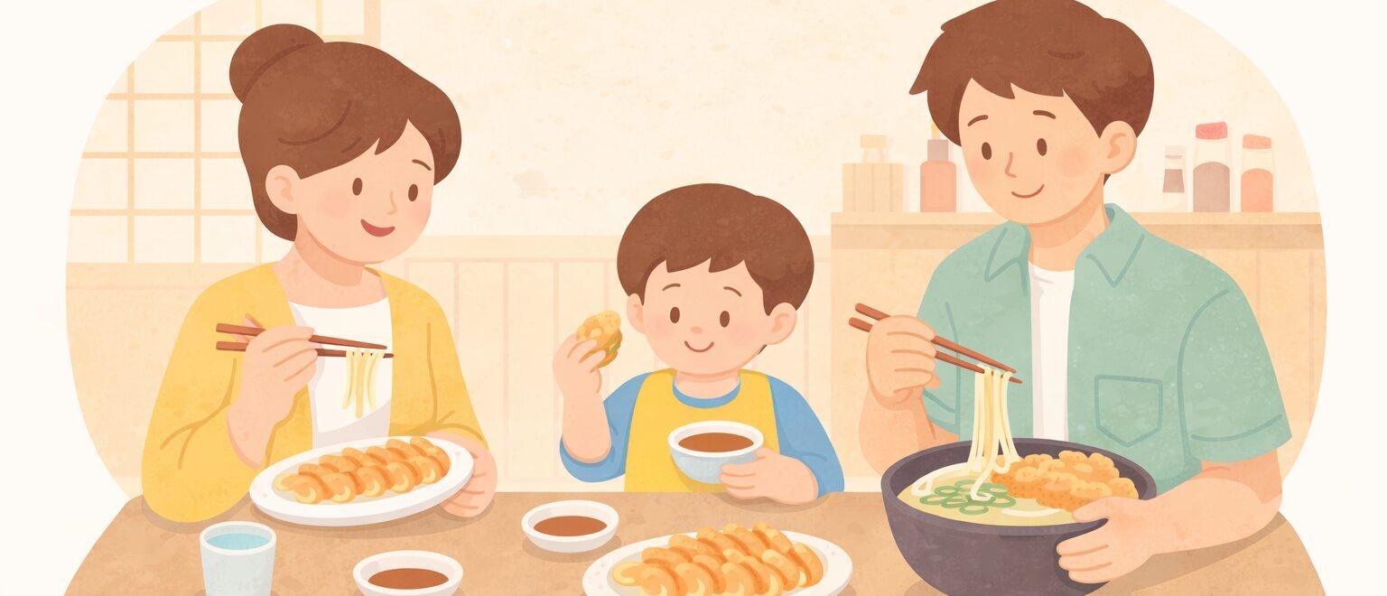 Illustration image of a family enjoying gyoza at a kid-friendly restaurant in Fukuoka