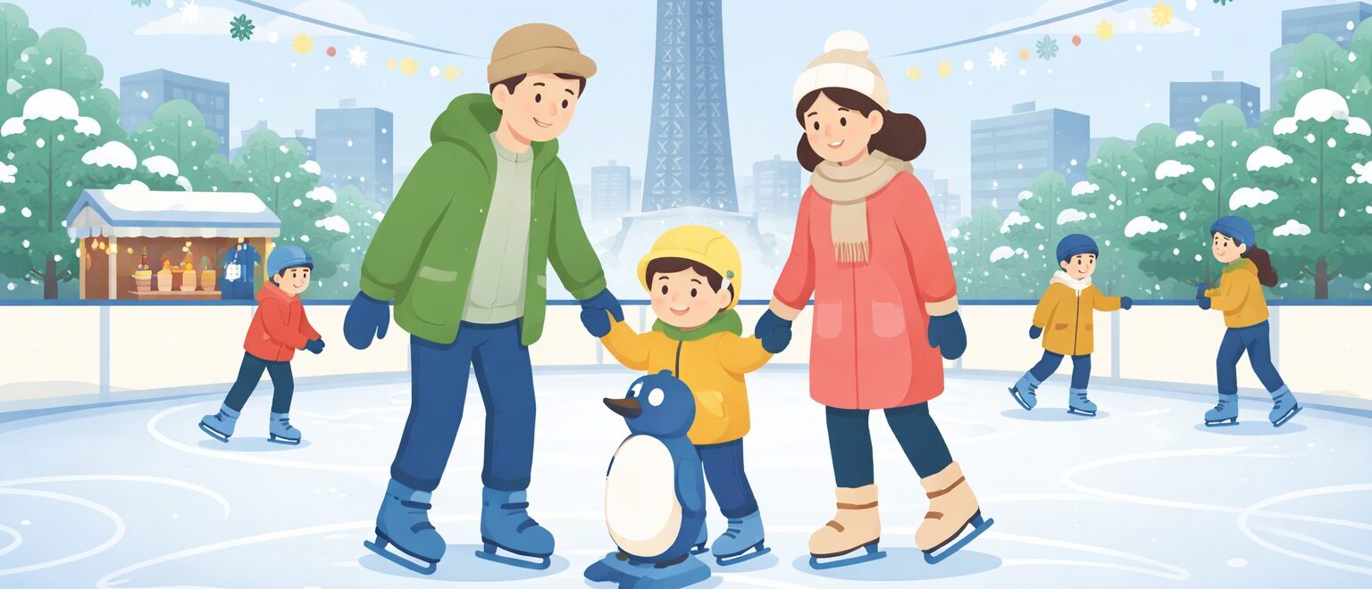 Illustration image of a family using public transportation in Fukuoka with a stroller