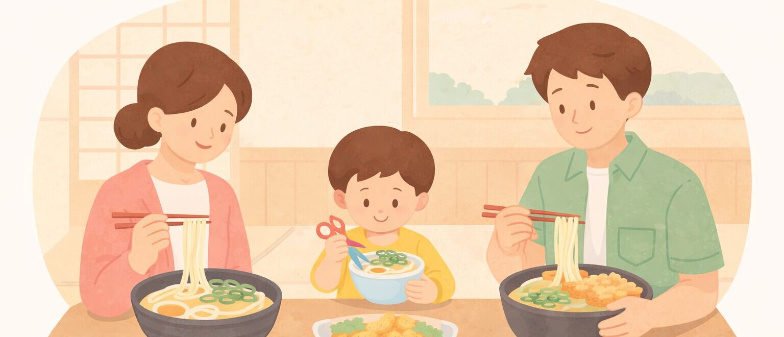 Illustration image of a family eating udon at a child-friendly restaurant in Fukuoka