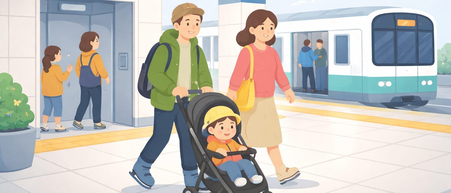 Illustration image of a family using public transportation in Fukuoka with a stroller