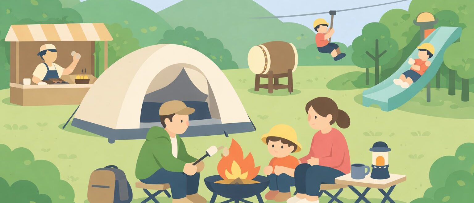 Illustration image of a family camping at Snow Peak Aburayama in Fukuoka