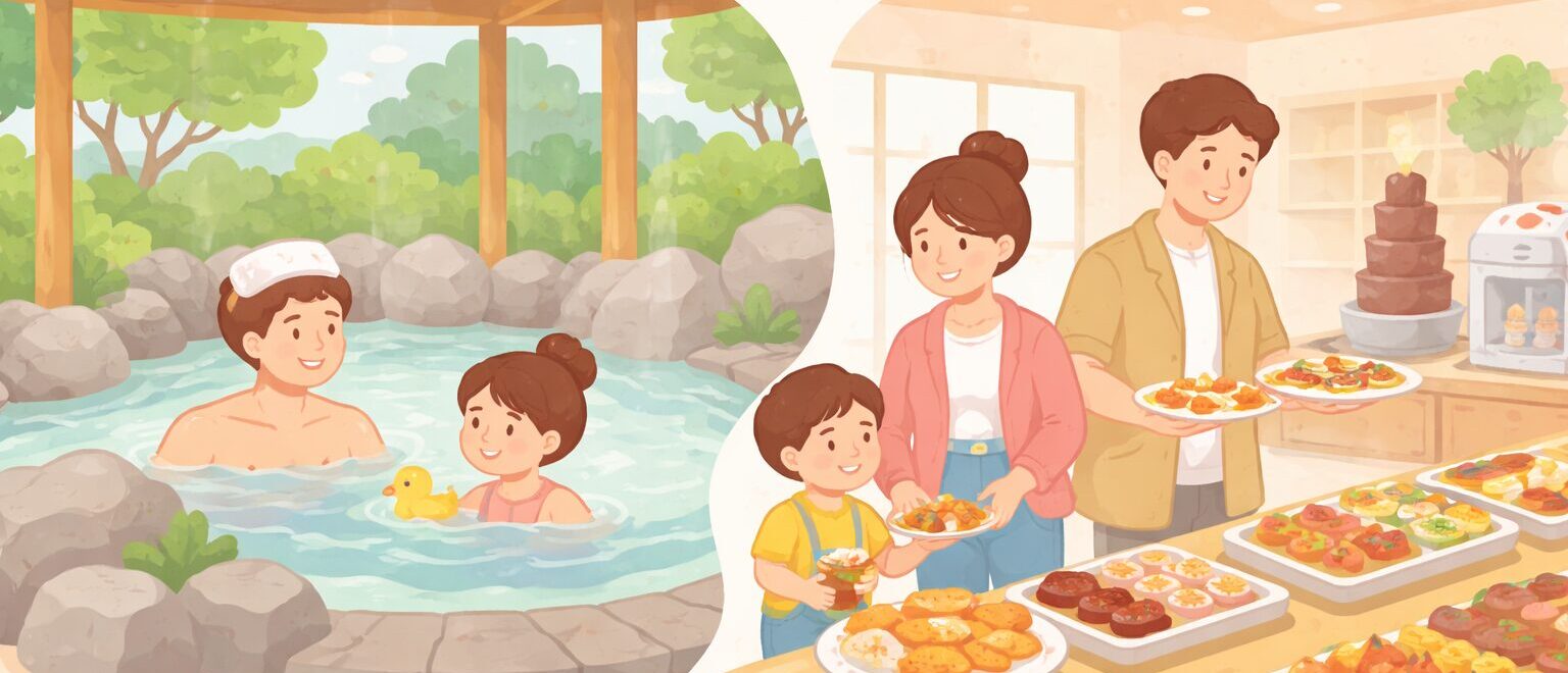 Illustration image of a family-friendly onsen and buffet experience in Fukuoka