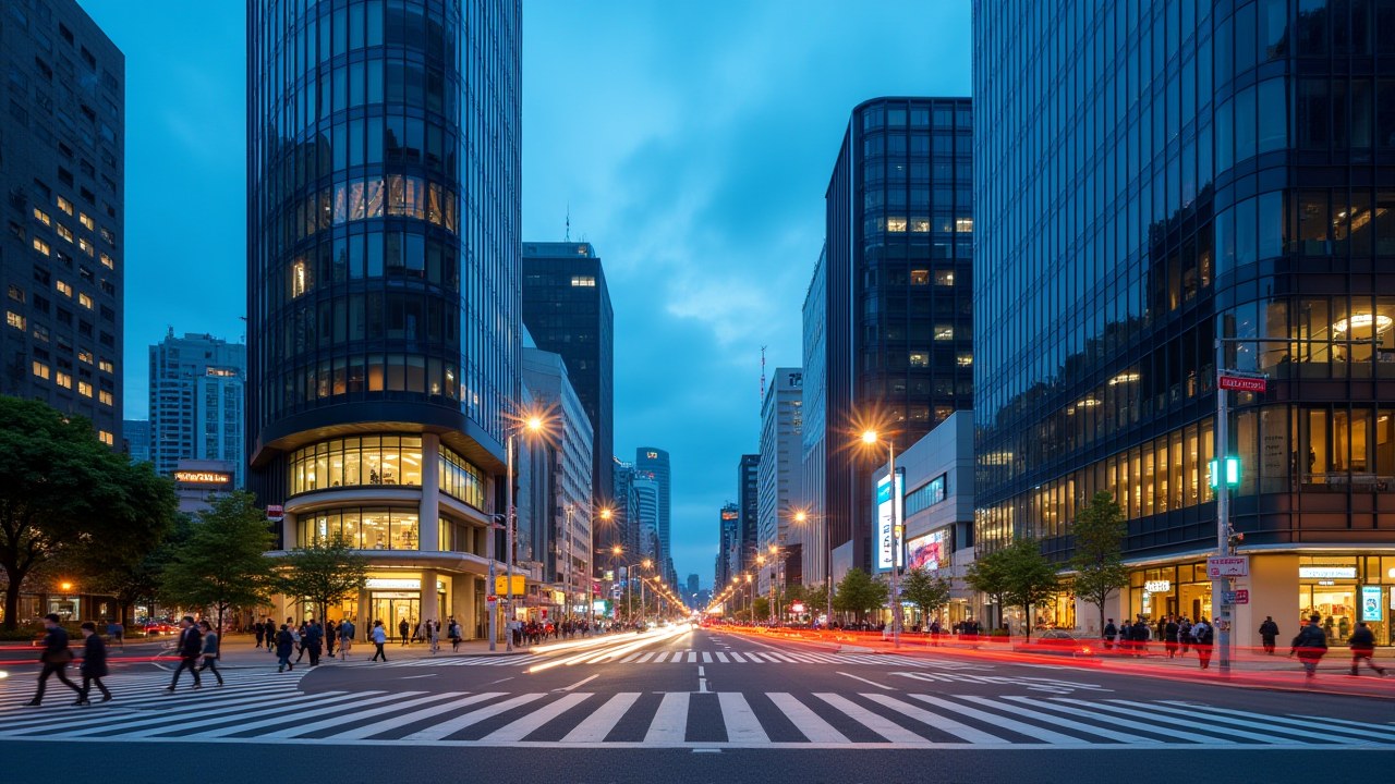 Modern Tenjin business district in Fukuoka at dusk with illuminated buildings