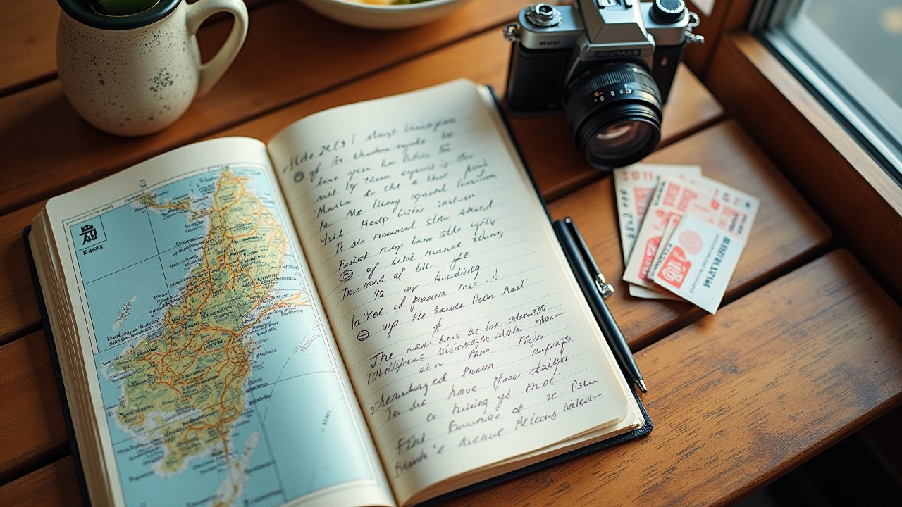 Travel journal, paper map of Kyushu, vintage camera and local snacks on a wooden cafe table