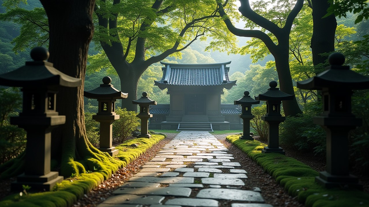 Peaceful empty stone path to a quiet countryside Shinto shrine in Kyushu