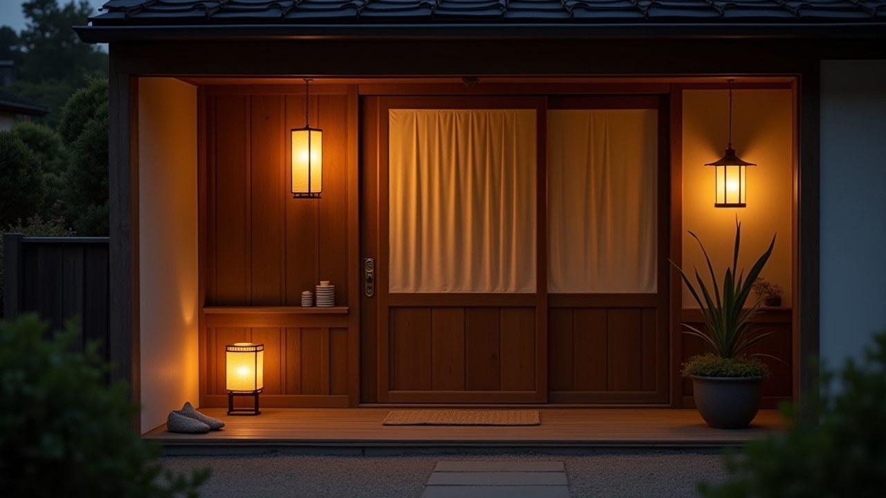 Warm welcoming entrance of a traditional Japanese family home in Fukuoka with paper lantern