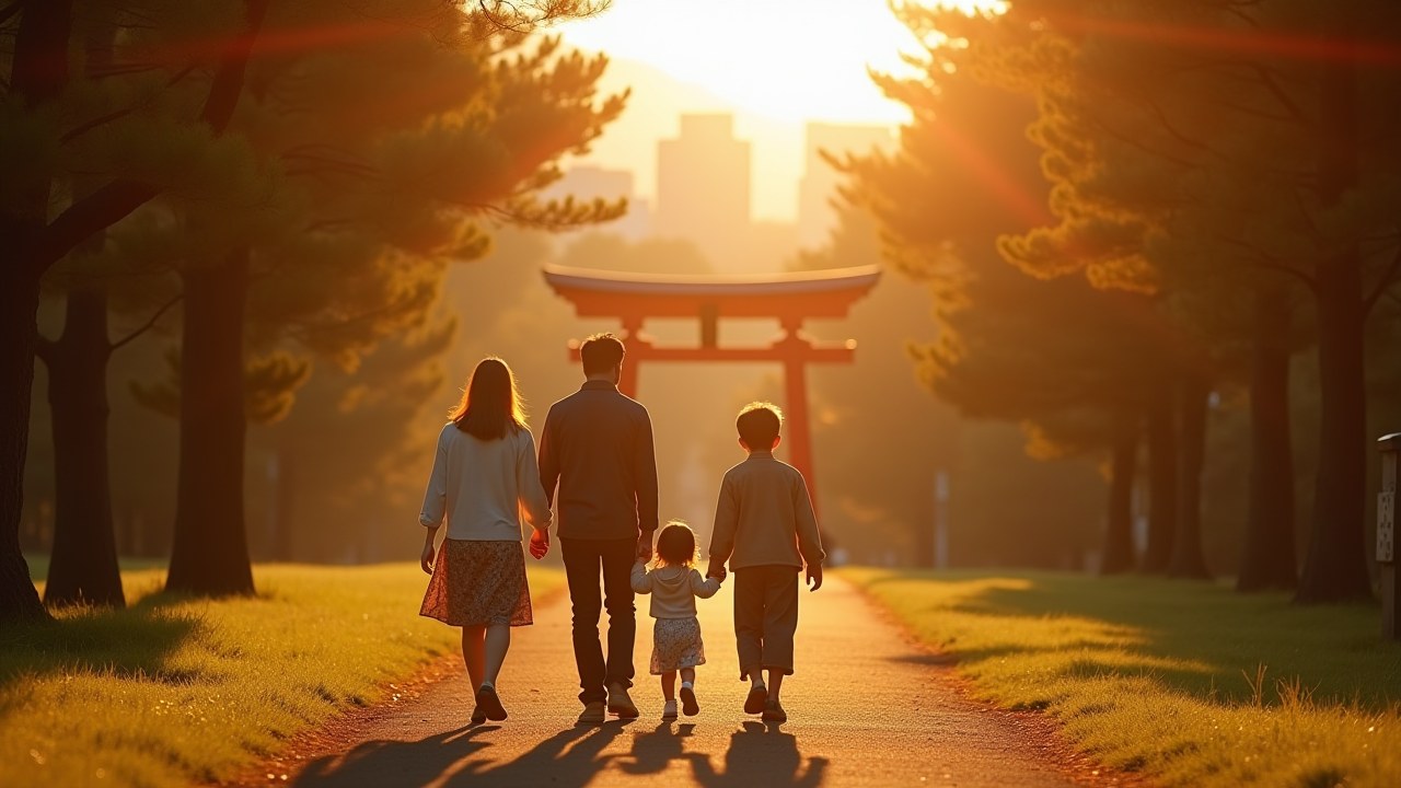 A global family walking together in a tranquil Fukuoka park