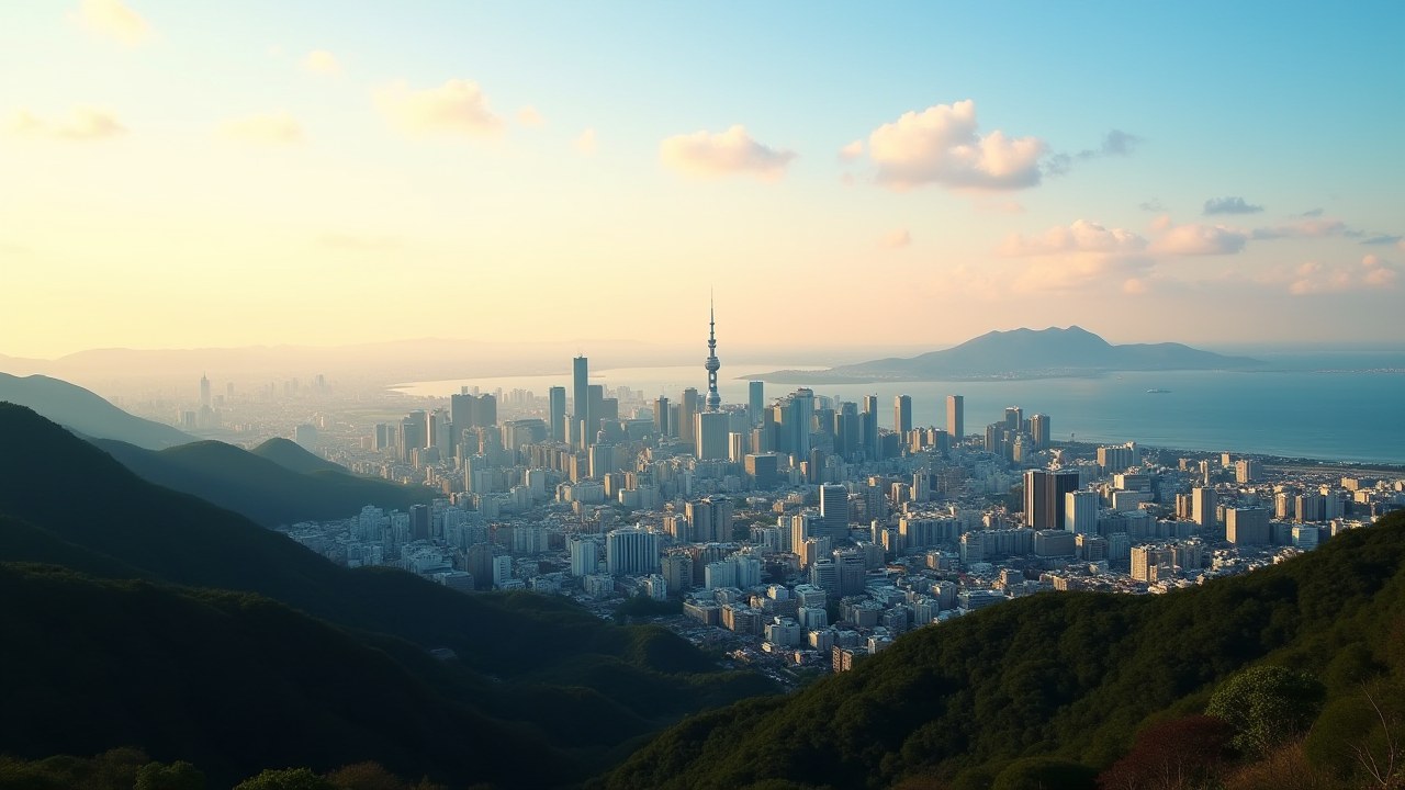 Panoramic skyline view of Fukuoka city with Hakata Bay and surrounding mountains at golden hour