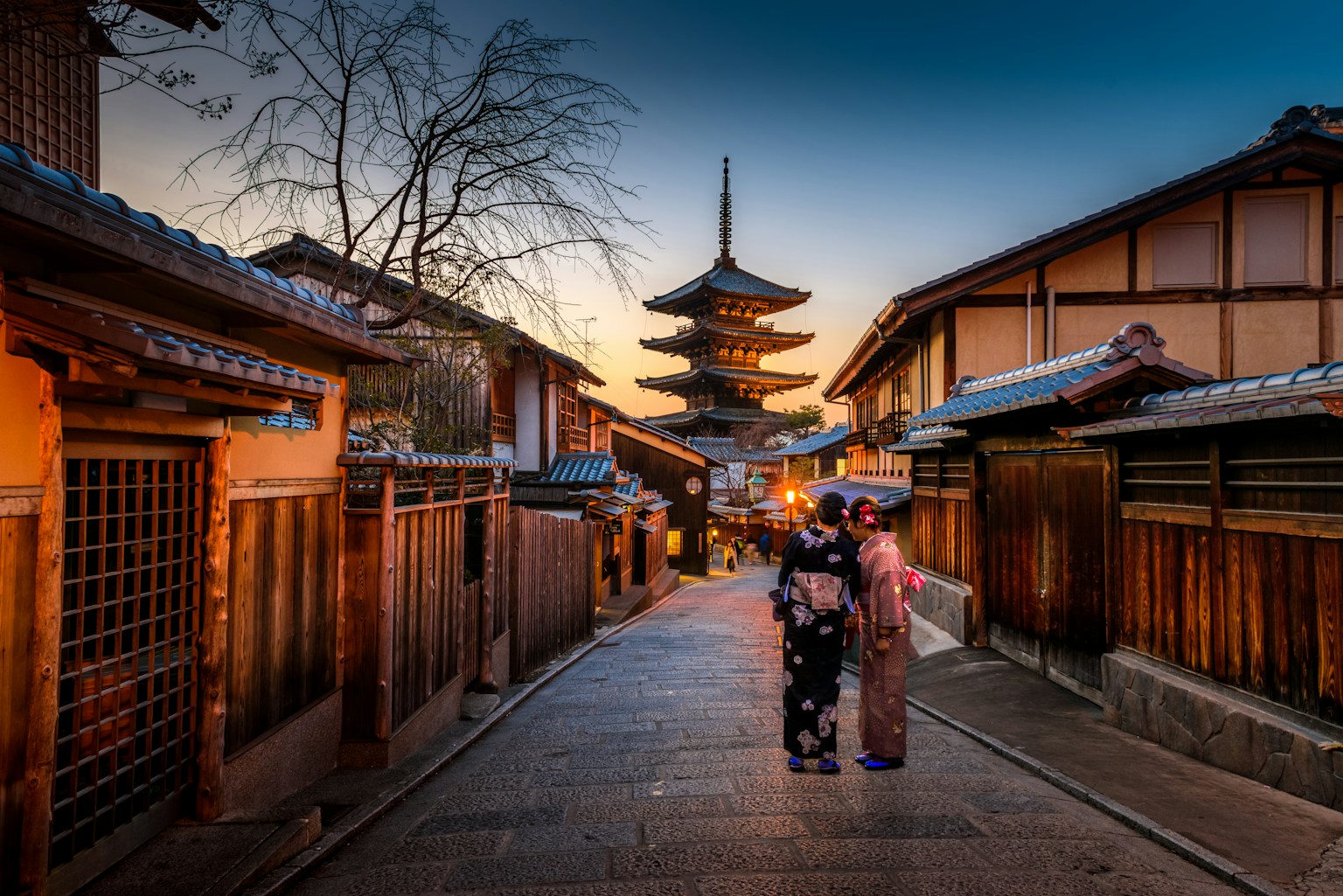 two women in purple and pink kimono standing on street (Photo by Sorasak on Unsplash)