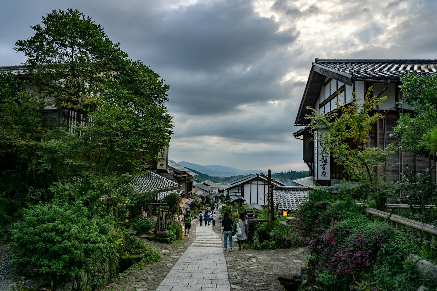 a group of people walking down a walkway next to a lush green forest (Photo by Sebastian on Unsplash)