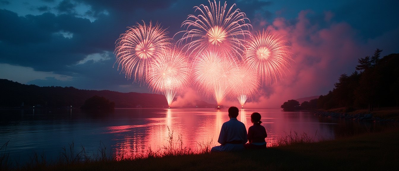Kyushu fireworks festival night scene for families