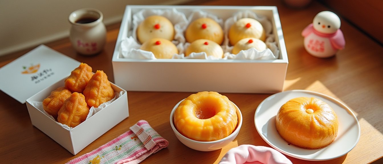 Hero arrangement of best Fukuoka souvenirs including Hakata Torimon, Hiyoko, mentaiko, Amaou strawberry sweets, and Hakata Ori on a wooden table