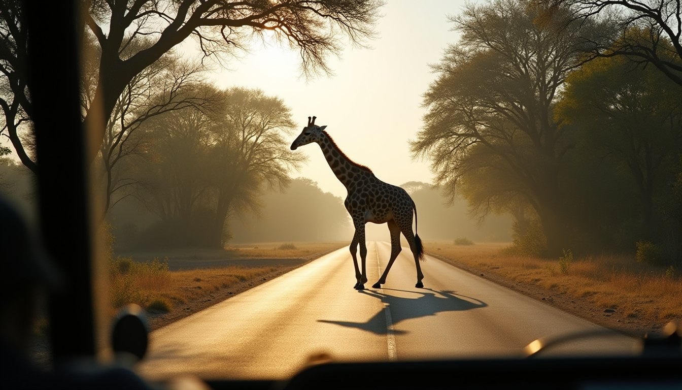 Jungle Bus driving past free-roaming animals at African Safari Oita with kids