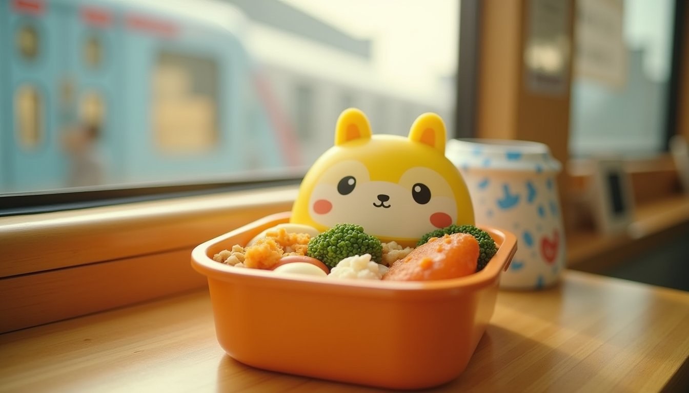 Kuro-chan kids bento box on board the Aso Boy! train with mascot-themed packaging