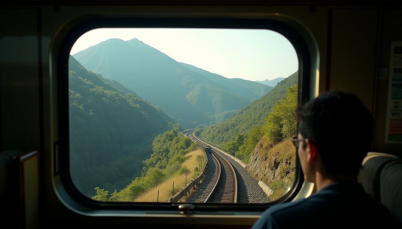 Front-row panorama seats with curved windows on Car 1 of the Aso Boy! showing track ahead