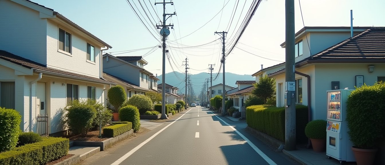 Quiet residential street in suburban Fukuoka with modern Japanese low-rise houses and apartment buildings, typical family neighborhood