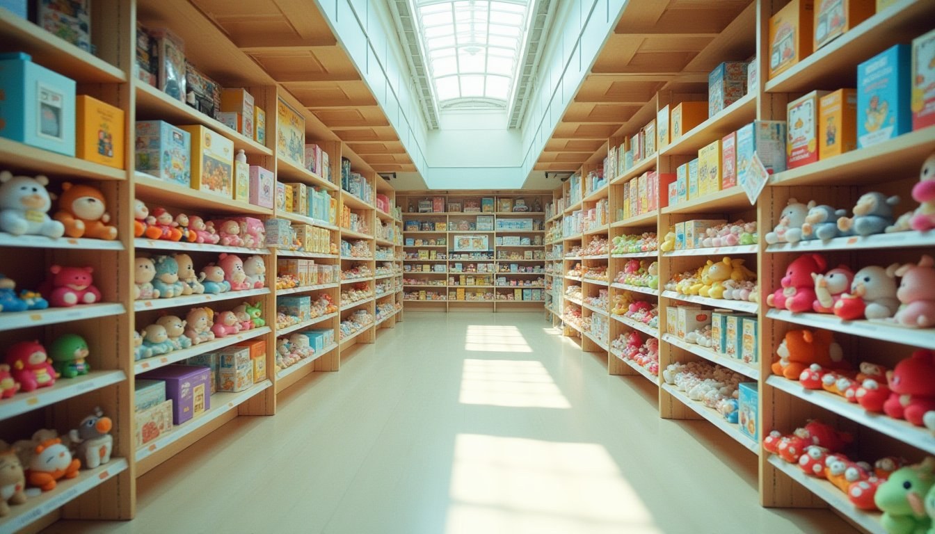 Wide stroller-friendly aisles inside Toys R Us Marinoa Fukuoka with Lego and baby gear shelves