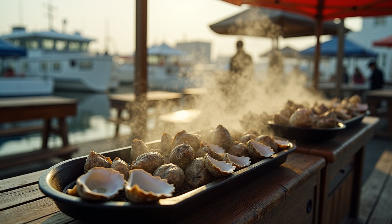 Family grilling fresh Itoshima oysters at a winter kakigoya oyster hut near Fukuoka
