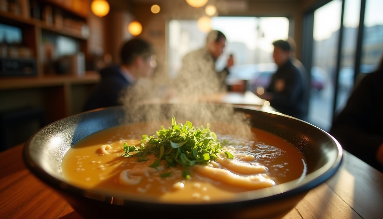 Steaming bowl of Hakata tonkotsu ramen on a cold winter day in Fukuoka