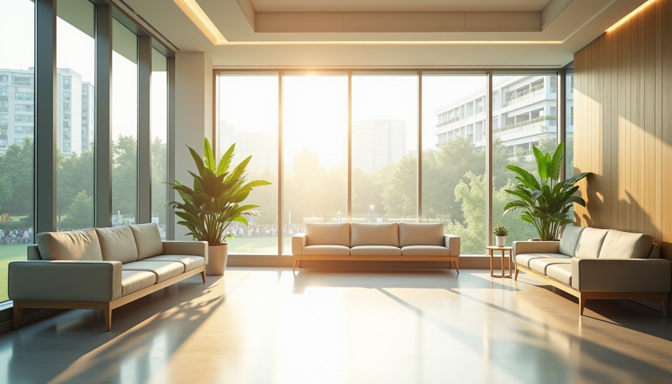 Bright air-conditioned indoor family rest lounge with large windows in Fukuoka