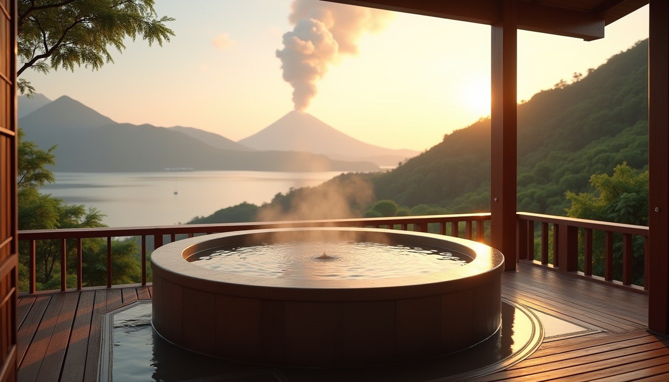 Private open-air onsen bath with a view of Sakurajima volcano at a Kagoshima family ryokan