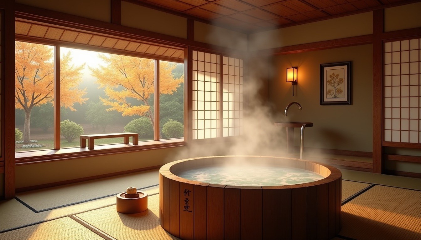 Private hinoki wood onsen bath in a traditional family ryokan room in Saga