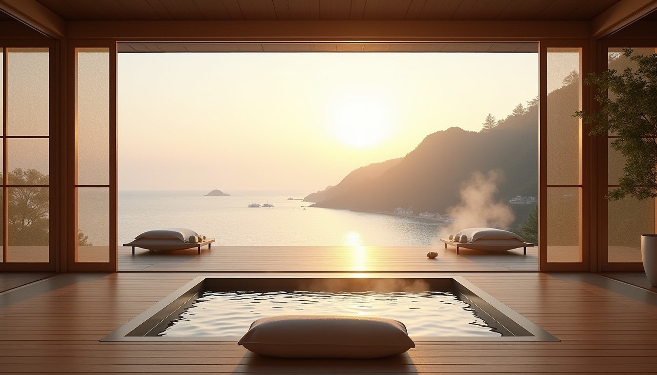Private open-air onsen bath overlooking the sea at a luxury family ryokan in Beppu