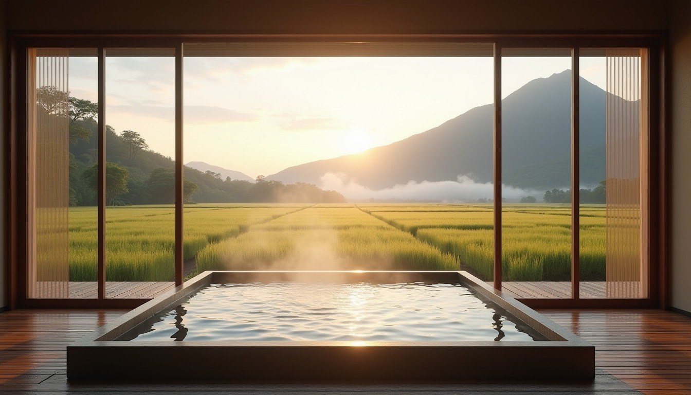 Private onsen bath with rice field and mountain view at a Yufuin family ryokan