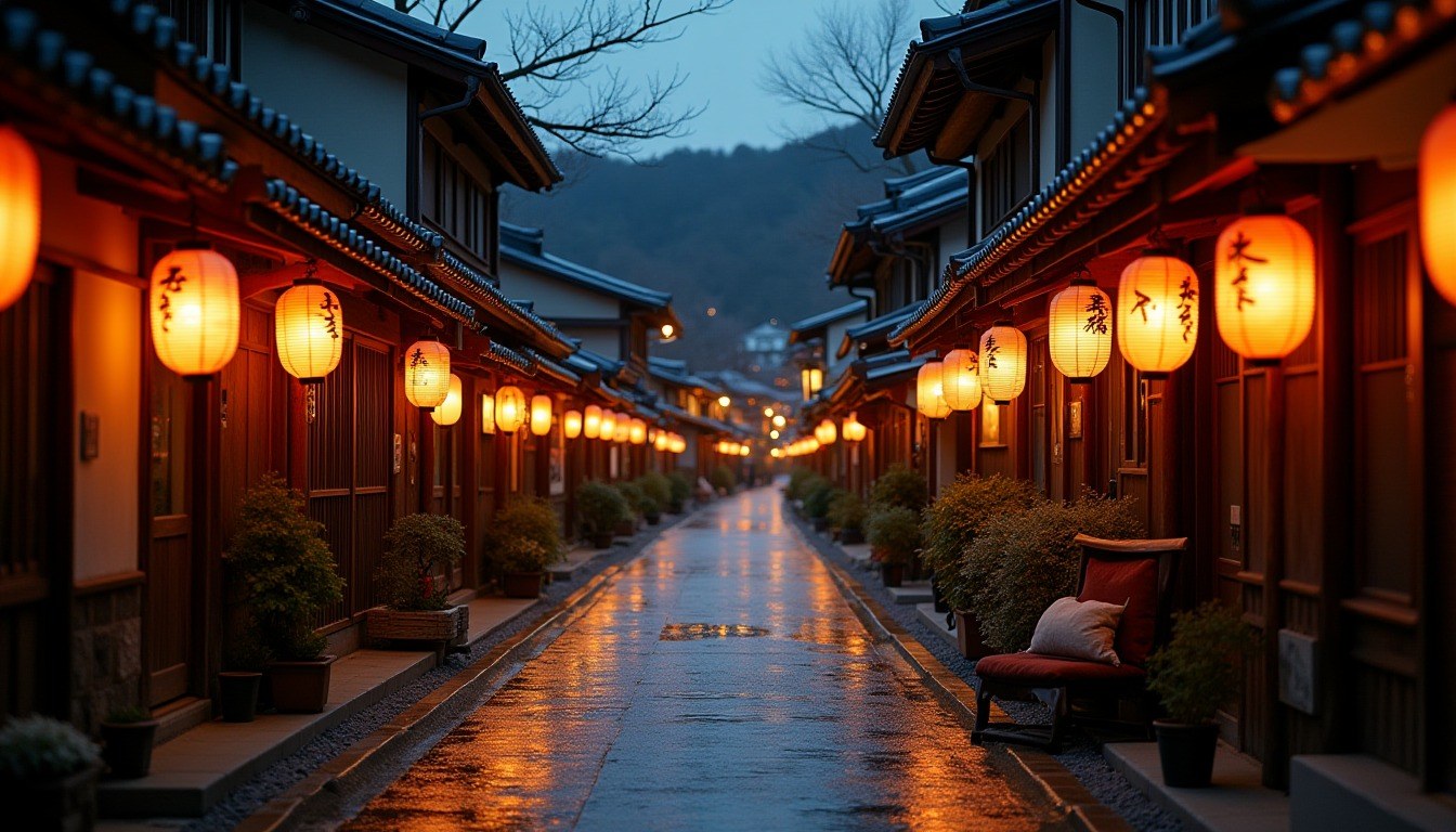 Lantern-lit evening street in Yamaga hot spring town, Kumamoto
